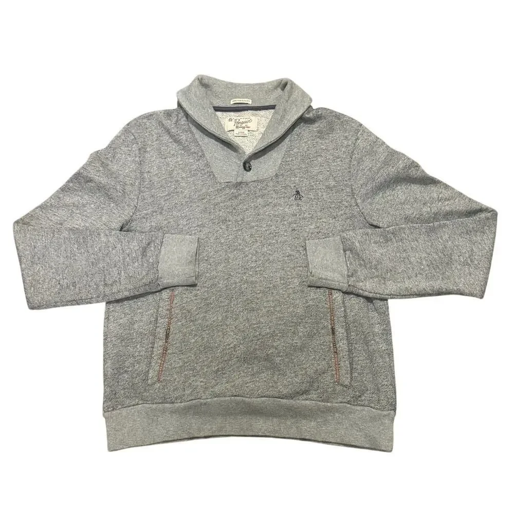 Penguin Munsingwear Shawl Neck Sweater Slim Gray Logo Embroidered Small Preppy